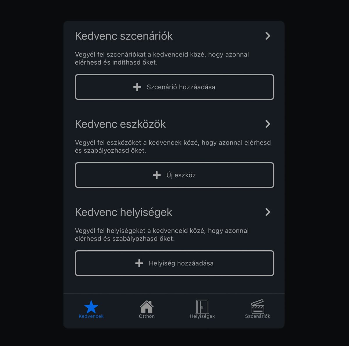 Kedvencek oldal az applikációban